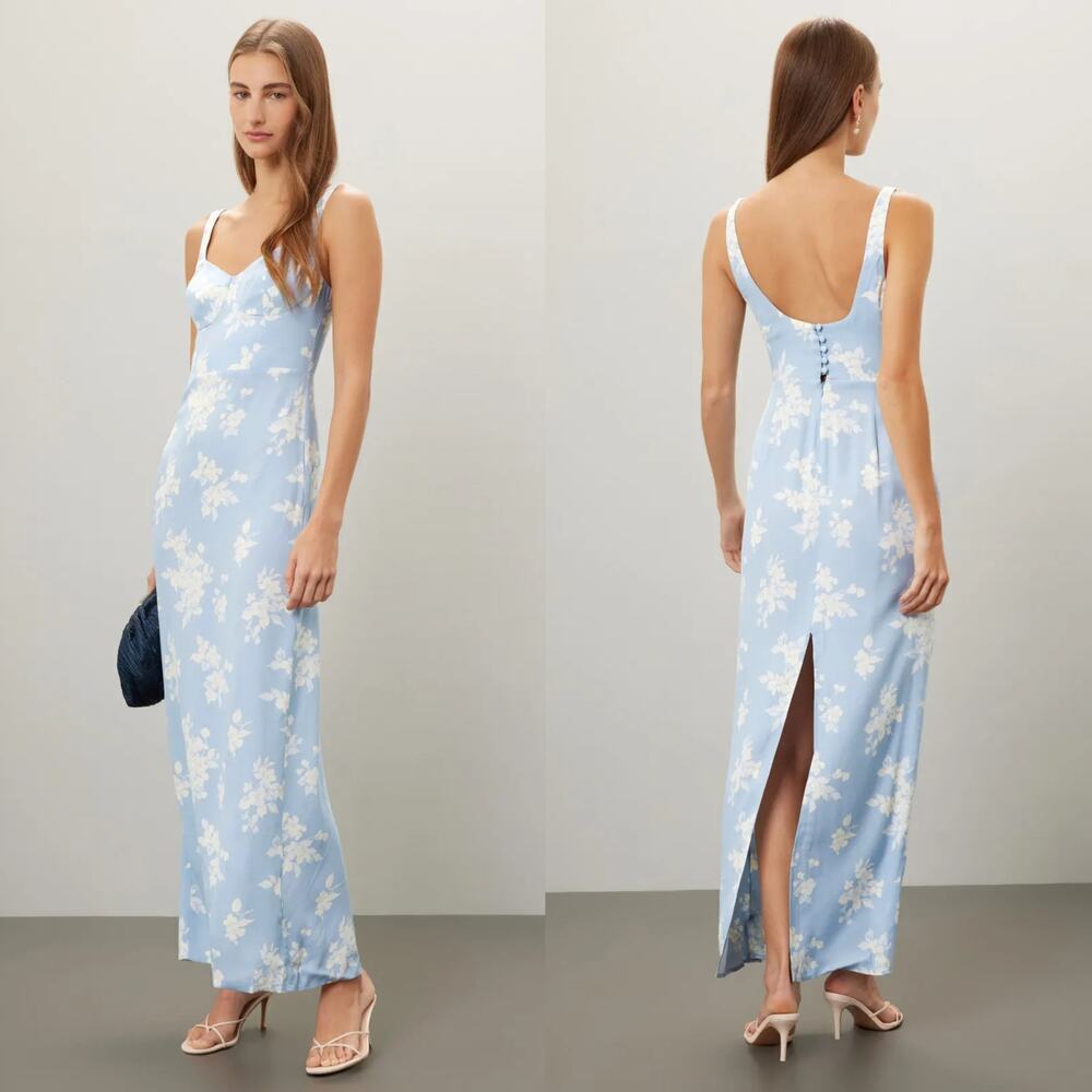 Reformation Reverie Dress Floral Sleeveless Sweetheart Neck Maxi Sheath Blue 4